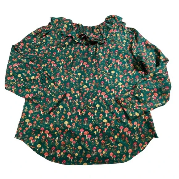 J. Crew Green Floral Ruffled V-Neck Mushroom Blouse - Picture 5 of 10